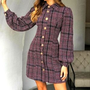 Plaid Button Front Bishop Sleeve Tweed